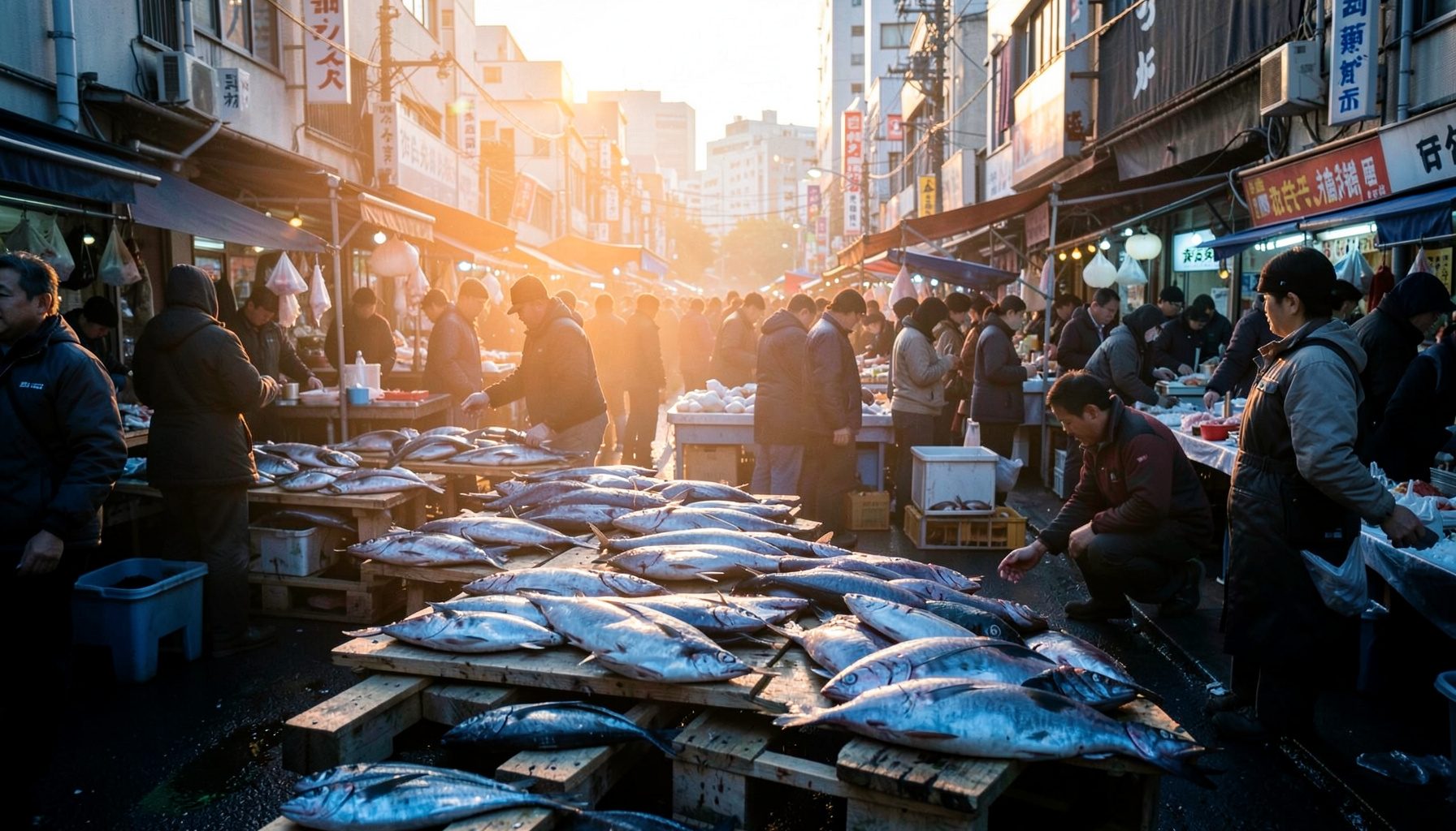 Busy Tokyo fish market at dawn with rows of fresh tuna on wooden pallets, cool blue morning light and bustling workers