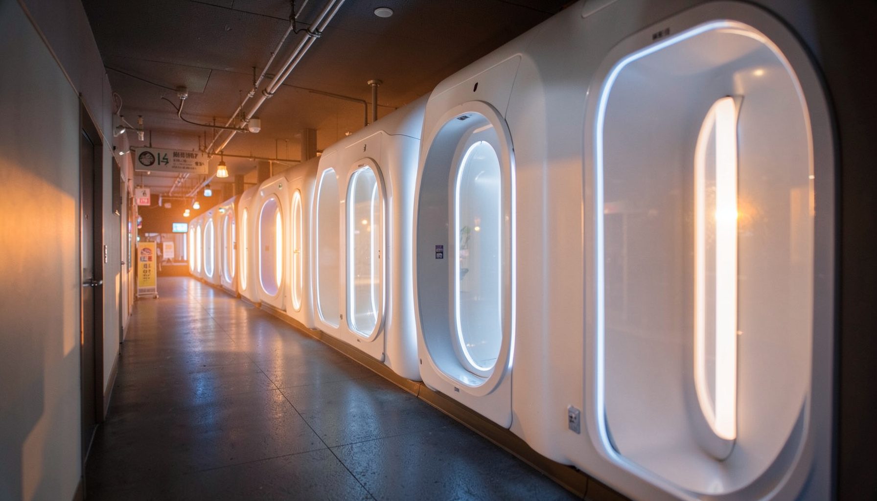 Row of glowing capsule hotel pods in a narrow corridor, futuristic white and blue lighting, Tokyo night ambiance
