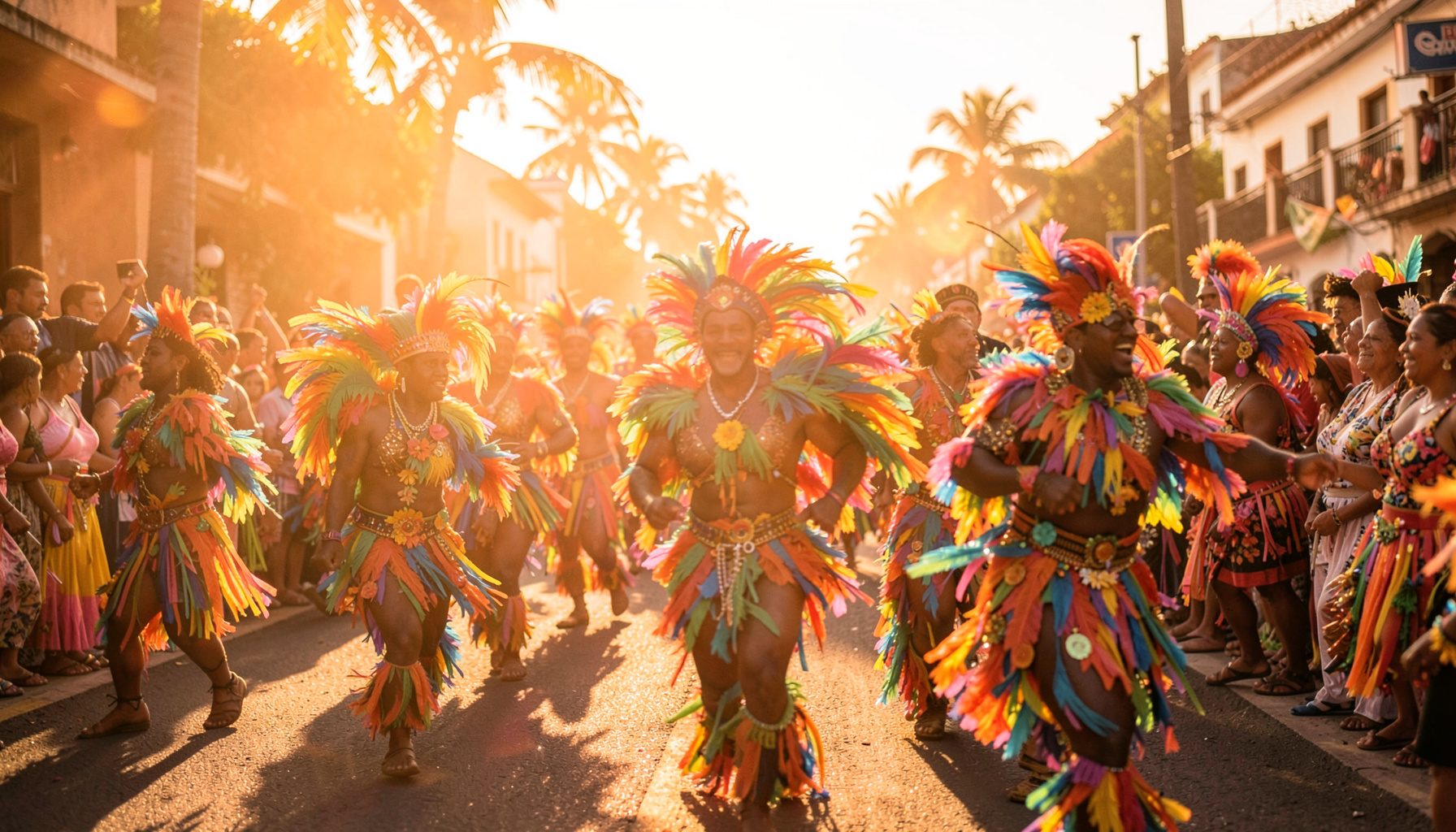 Vibrant Caribbean carnival parade with colorful feathered costumes moving down a sunlit street, festive and energetic