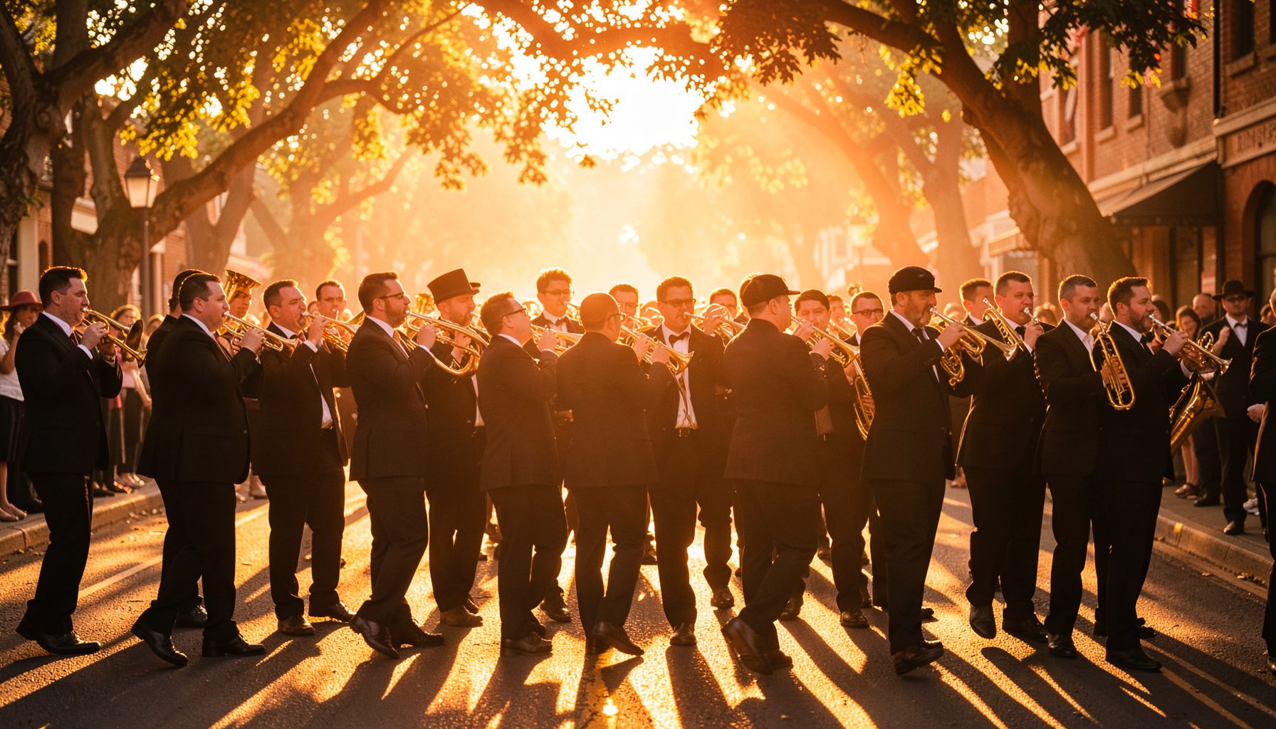 Brass band marching through a sunlit street, musicians in dark suits and white shirts, warm golden light filtering through oak trees