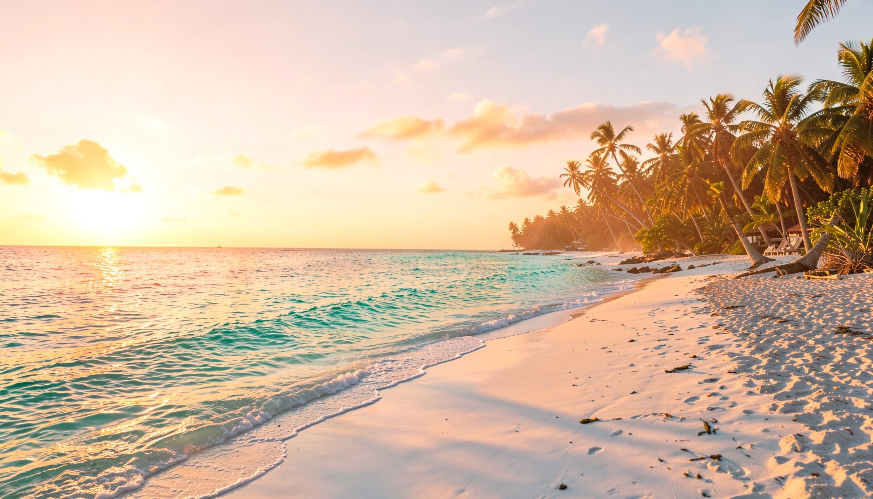 Turquoise Caribbean Sea meeting a white sand beach lined with palm trees, bright golden sunlight, tranquil and warm tropical atmosphere