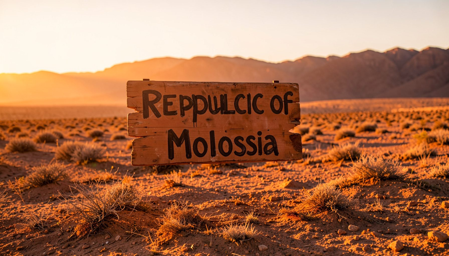 A hand-painted sign reading 'Republic of Molossia' standing in a sunbaked desert landscape with low mountains in the distance