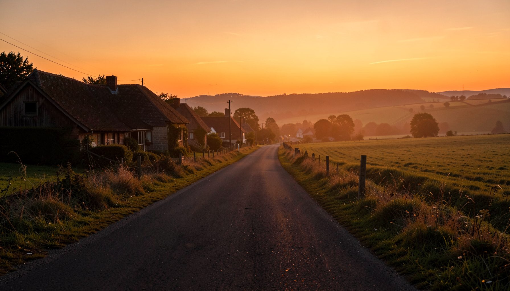 A quiet rural road at dusk lined with farmhouses and rolling fields, warm amber light spilling across the horizon